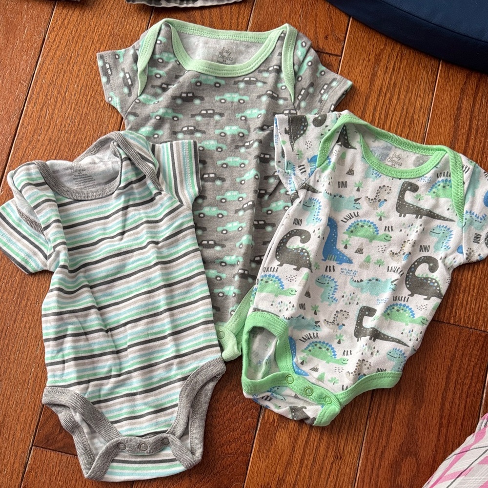 Gray and Green Dinosaur and Striped Baby Onesies